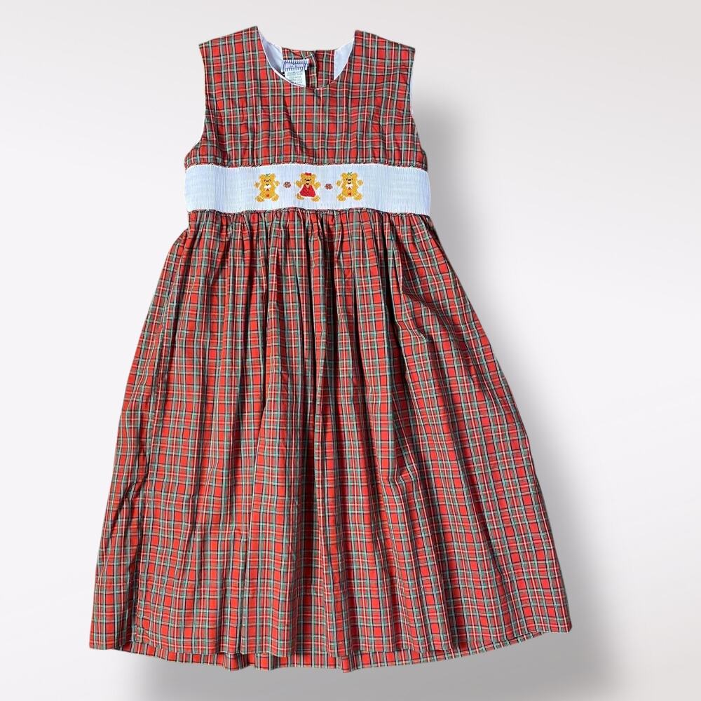 Kids by M.E. Vintage Girls Red Plaid Gingerbread Smocked Heirloom Dress Size 6